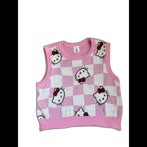 Hello Kitty Pink And White Checkered Logo Knit Women’s Sweater Vest Size XL - Picture 1 of 3
